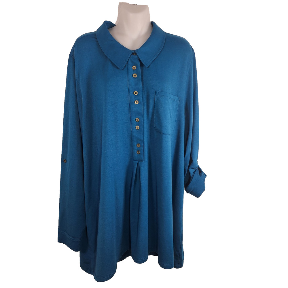 Soft Surroundings Womens Take It Easy Tunic Shirt 2X Blue Knit Roll Tab Sleeve